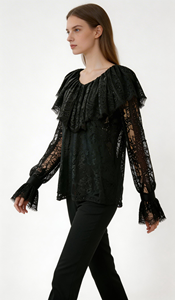 Elegante Damen-Blusen mit Rüschen und langen Ärmeln für den Herbst, lässige Oberteile, atmungsaktiv, gewebte Spitze, knitterarm, umweltfreundlich - Product Image 3