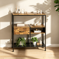 Table console industrielle à 3 niveaux avec tiroir en tissu, table d'entrée étroite, table d'appoint de canapé, structure métallique, étagère en bois grainé pour couloir