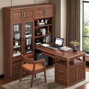 New Chinese Style Walnut <b>Solid</b> <b>Wood</b> Desk <b>Bookcase</b> Combination With Bookshelf Office Space Modern Minimalist Executive Desk - Product Image 2