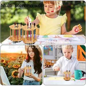 Wooden Rotating Brush Holder Paintbrush Storage Stand <b>Desktop</b> Makeup Organizer Solid Wood Single Layer Display Rack - Product Image 1