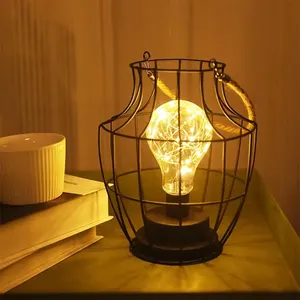 Лампа ручной работы на батарейках с пеньковой веревкой в клетку, Железный фонарь, светодиодная Ночная лампа в стиле ретро