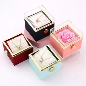 Christmas Valentines Day Gift Luxury Rotating Preserved Rose Flower Eternal Rose In Acrylic Box With Necklace For Women Girls