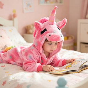 Tuta in pile rosa con stelle e <span class=keywords><strong>unicorno</strong></span> per bambini, autunno inverno, Halloween, carnevale, abbigliamento da gioco, performance sul palco, tuta cosplay con cappuccio - Product Image 2