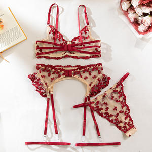 Erotische doorschijnende kant met borduursels, 5-delige lingerie set, sexy hete jarretelgordel, ondergoed, licht corrigerend, ademend, dun. - Product Image 4