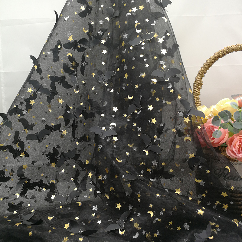 2021 China Factory Halloween Black 3d Bat Embroidered Net Gold Stamp Bronzing Foil Embroider Fabrics For Dress Pakistani