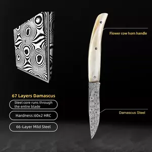 Pequeño <span class=keywords><strong>tatuaje</strong></span> rosa de acero damasco, <span class=keywords><strong>cuchillo</strong></span> de bolsillo plegable con mango de cuerno de flor de vaca - Product Image 5