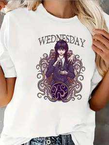 Elegant Women's Blouse &amp; <strong>T</strong>-<strong>shirt</strong> <strong>WEDNESDAY</strong> Pattern Print-Loose Casual Jersey Fabric Mid-length Anti-Pilling Soft Fashionable - Product Image 1