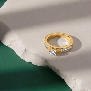 VEWANT Stainless Steel 6 Prong 2.9mm Thin 4mm <strong>Solitaire</strong> Round and Baguette CZ Band Ring Plated 18K Gold Rhodium Wholesale - Product Image 4