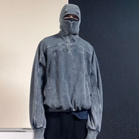 Pull à capuche de poids lourd vierge à épaules tombantes avec logo personnalisé pour hommes, sweat-shirt à capuche masqué à demi-fermeture éclair avec trou pour les yeux et délavé à l'acide