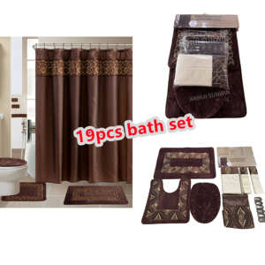 Koleksi mewah 18/19 buah SET keset kamar mandi bordir 1 tirai mandi tahan air 3 karpet 12 kait 3 buah handuk - Product Image 3
