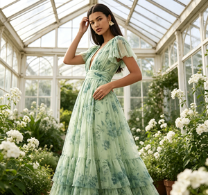 Abito da Sera per Donna con Stampa Floreale, Vestito Lungo in Tulle con Scollo a V Profondo, Maniche Corte a Sbuffo e Balze, Ideale per Ospiti di Matrimonio - Product Image 2