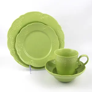 Custom Logo Ceramic Dinner Set 16pcs Porcelain embossed dinnware set Unique Plate Bowl Mug For Home Hotel