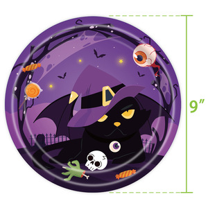 Ensemble de fête sur le thème du chat noir d'Halloween, assiettes en papier, gobelets, nappe, serviettes, décorations jetables sur le thème des dessins animés - Product Image 3