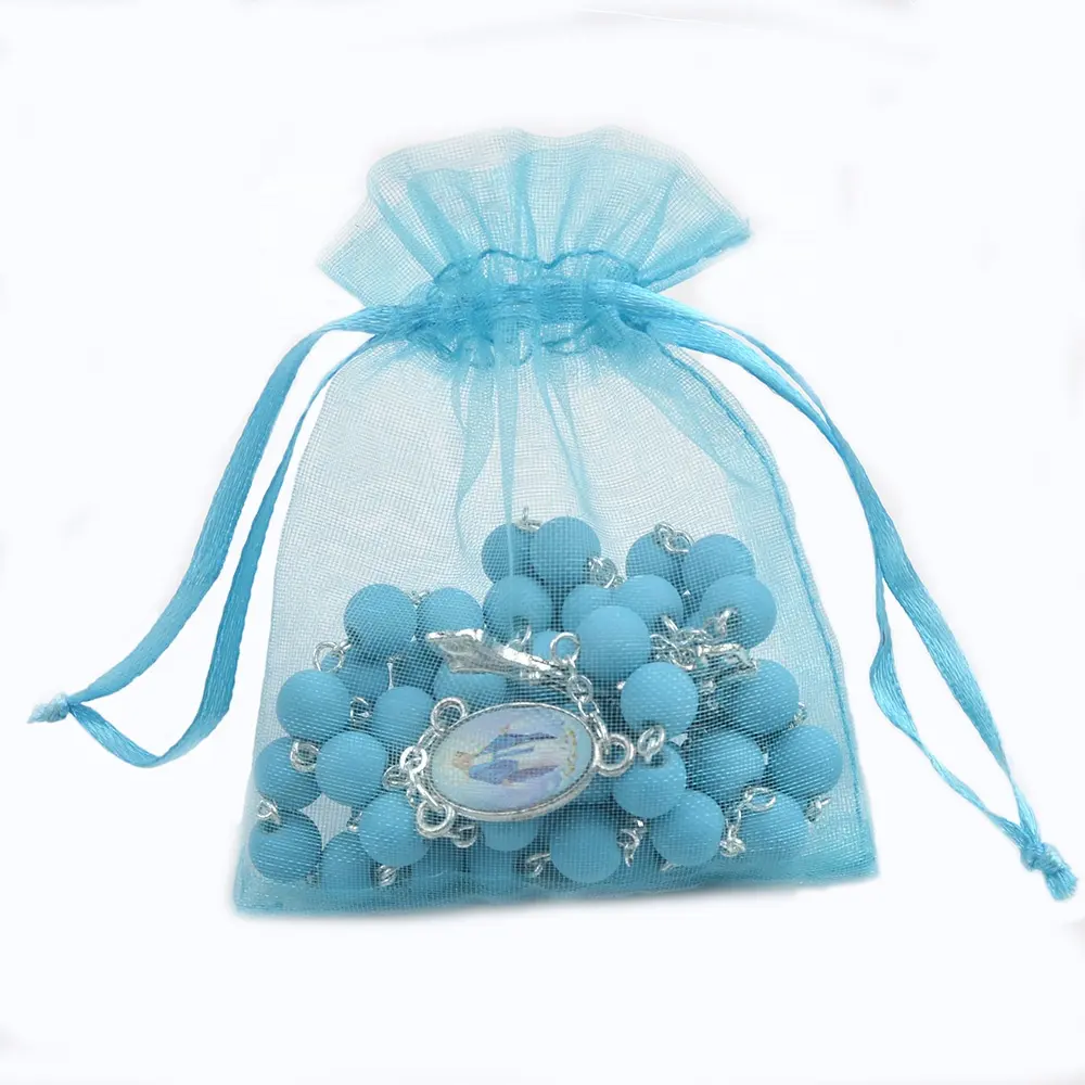 Katholischer blauer Gummi 8mm Perlen Rosenkranz Religiöses Blau St Mary Herzstück Rosenkranz Halskette mit Beutel