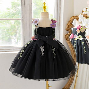 Abito da Principessa con Bretelle e Ricami Floreali 3D per Bambine, Vestito Formale in Tulle Nero per Matrimoni e Feste di Compleanno, Abbigliamento per Bambini all'Ingrosso - Product Image 3