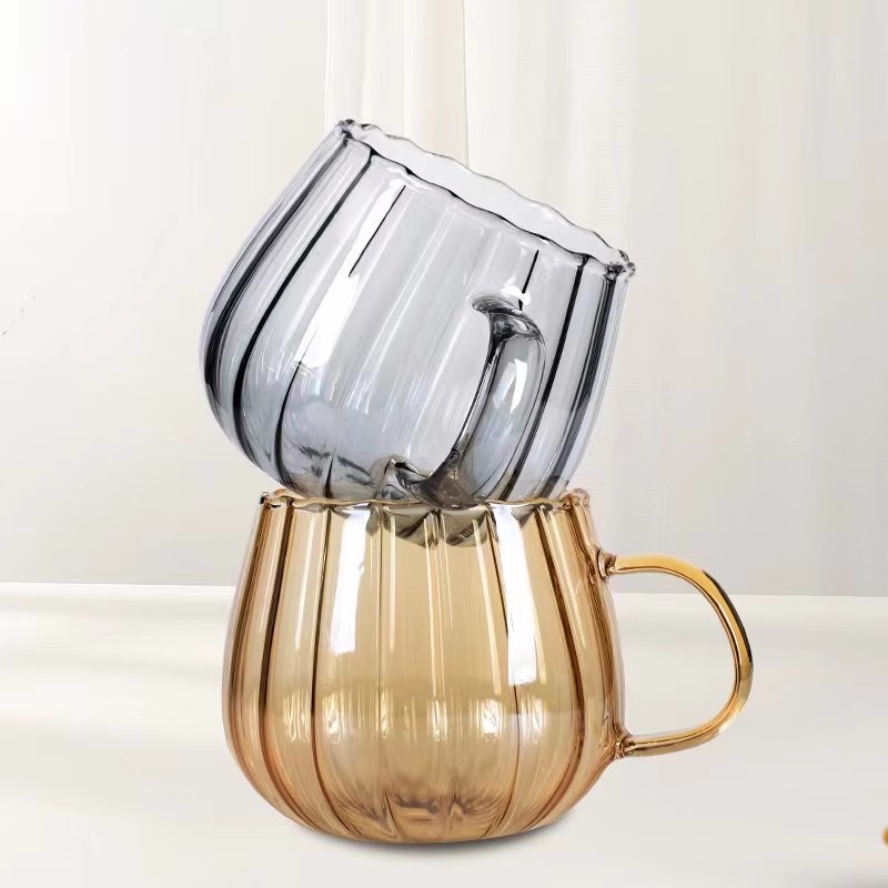 Pumpkin Stripe Glass Cups Coffee Mugs with Handle Heat Resistant Glass Tea Cups Grey Glass Mugs for Milk Tea Soda Water