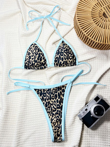 Nuevo <span class=keywords><strong>Bikini</strong></span> de Dos Piezas con Estampado de Leopardo Sexy para Mujer, Estilo Veraniego, con Cordones, Tanga, Ecológico, con Logotipo <span class=keywords><strong>en</strong></span> la Cintura - Product Image 4