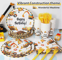 Kit de vaisselle et décorations pour fête d'anniversaire de garçon sur le thème de la construction : assiettes en carton, gobelets, serviettes, nappe, fourchettes, bannières suspendues, drapeaux, guirlandes et fournitures