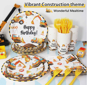 Construction Boy Birthday Party Paper Plates Cups Napkins Table Cloth Forks Tableware Kit Hanging Banners Flags Garland Supplies - Product Image 3