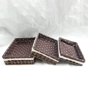 Country Style Fabric <b>Storage</b> <b>Tray</b> Set Rectangle Stackable Three Piece Brown Floral Pattern With Lace Trim - Product Image 1