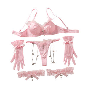 Conjunto de lencería de tentación Sexy de cuatro piezas para mujer Pure Lust Simple Cute Pink Lace Bow Bra Bragas Elegantes técnicas de encaje - Product Image 6