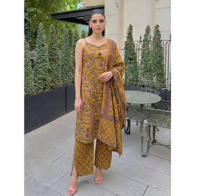 Conjunto de Kurta con Tirantes y Estampado Floral de Mostaza, de Algodón, con Dupatta, de Secado Rápido, Antiarrugas, Transpirable, Suave para la Piel, Elegante, Étnico para Mujer - Product Image 3