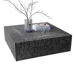 Mesa de Centro Cuadrada con Incrustaciones de Hueso Blanco y Negro, Patrón Geométrico Lineal, Hecha a Mano, Moderna, para Sala de Estar Contemporánea - Product Image 1