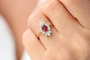 Rubis Diamant Art Déco Bague 14k Or Massif Ovale Coupe Halo Cubique Zircone Diamant Haute Vente Bague De Fiançailles Marquise Baguette - Product Image 3