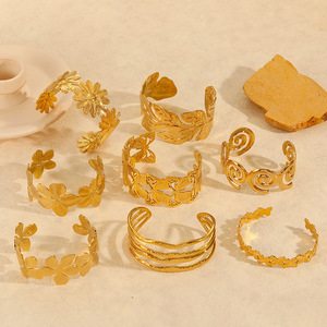 Vòng tay thép không gỉ mạ vàng 18k kiểu dáng hoa lá thời thượng, cổ điển, phóng đại, chống nước, có thể điều chỉnh dành cho nữ - Product Image 2