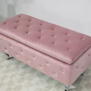 Manufacturer Custom Luxurious Pink Velvet Storage Side Opening Door Ottoman Bench