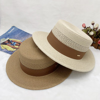 Chapeau de paille Panama pour femme, d'été, de plage, anti-UV, rayé, réglable, imprimé sérigraphié, à calotte plate ajourée, tressé, pour fête et extérieur