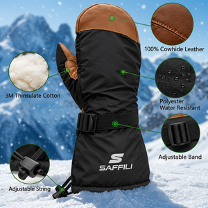 Mitaines de ski et de snowboard isolées pour l'hiver, en cuir de vachette, en polyester, imperméables, avec sangle réglable, unisexe - Product Image 3
