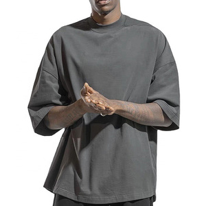 Haute qualité Streetwear Baggy blancs t-shirt pour hommes col montant surdimensionné T-Shirts Vintage 100% coton plaine hommes t-shirt - Product Image 4