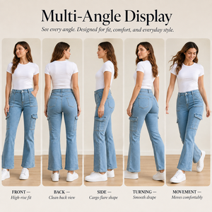 High Waist Medium Wash Denim Flare Skinny <b>Cargo</b> Pants Pockets Full Length Casual Style Women's Jeans Spring Cotton Fabric - Product Image 6