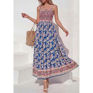 FOXA Womens <b>Summer</b> Maxi <b>Dress</b> Floral <b>Boho</b> Spaghetti Strap A-Line Elastic Waist Breathable Casual Beach Sundress - Product Image 3