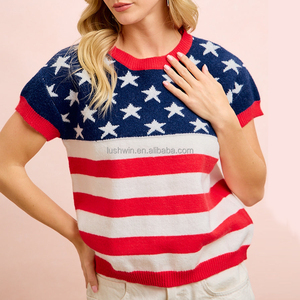 <span class=keywords><strong>Pull</strong></span> tricoté à rayures et étoiles drapeau américain pour femme, grande taille, manches courtes, col rond, <span class=keywords><strong>pull</strong></span> patriotique, haut décontracté d'été - Product Image 1