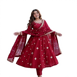<b>Red</b> <b>Silk</b> Modern Kurta/Kurti Anarkali Dress Floor Length Traditional Wedding Wear for Women India Pakistan Style - Product Image 1