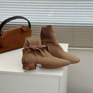 2026 Korean Style Niche Genuine Leather Square Toe Bow <b>Tie</b> Ankle Boots For Women Casual Shoes - Product Image 2