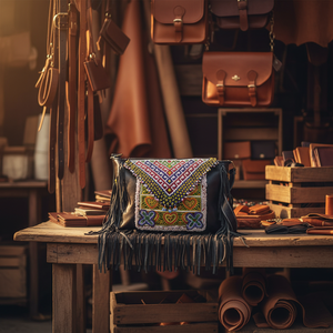 Vintage Indian Style Ethnic Bohemian Genuine Leather <b>Envelope</b> Crossbody Bag with Zipper Closure and Tassels - Product Image 2