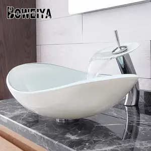 Boweiya Price Simplicity Modern Super White Color Stand Alone Glass Sinks Wash Basin Bathroom Designs Above Counter Vanity Basin