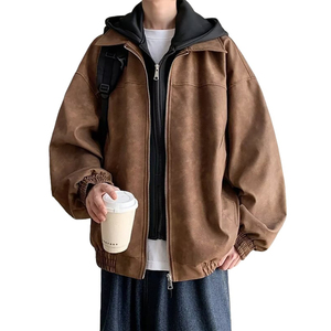 American Style Trendy Embroidered PU Leather <strong>Flight</strong> <strong>Jacket</strong> <strong>Men</strong> New Winter Loose Vintage High-End Cool Hooded Zipper Closure Coat - Product Image 4