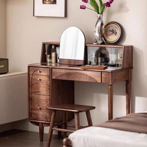 Black Walnut <b>Wood</b> Dressing Table With Storage Cabinet Retro Makeup <b>Desk</b> <b>Solid</b> <b>Wood</b> With Drawers Bedroom Vanity - Product Image 1