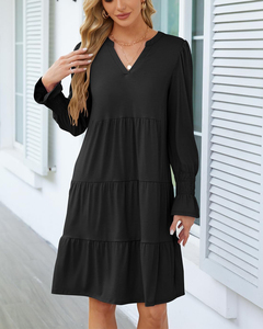 Premium Elegant Ladies V-Neck Long Sleeve <strong>Floaty</strong> Ruffle <strong>Dress</strong> Fashion Summer Collection Knee-Length Travel Beach Solid Sun <strong>Dress</strong> - Product Image 6
