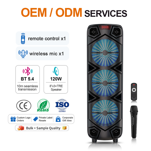 Hot Selling Powerful 120W 3* 8 Inch Speaker Karaoke Speaker Blue Tooth Party Speaker with Led Light Wireless Mic