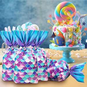 Birthday Girls Mermaid Party Favors Goodie Candy Bags Bolsas <span class=keywords><strong>de</strong></span> celofán <span class=keywords><strong>de</strong></span> fondo ancho con lazos plateados - Product Image 5