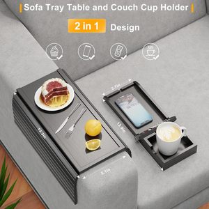 <span class=keywords><strong>Mesa</strong></span> Auxiliar Plegable Antideslizante Desmontable Negra 2 en 1 para Sofá, Bandeja para Brazo de Sofá con Portavasos para Bebidas, Control Remoto de TV y Bandejas de Almacenamiento para Aperitivos - Product Image 3