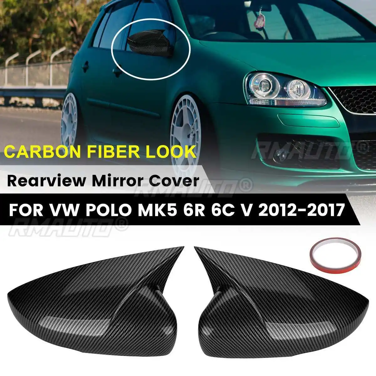 2 Stück Seitenspiegel-Abdeckungsschlüssen Spiegeltücher Hülle glänzend schwarz Tuning für Volkswagen für VW für Polo Mk5 6R 6C V 2012-2017