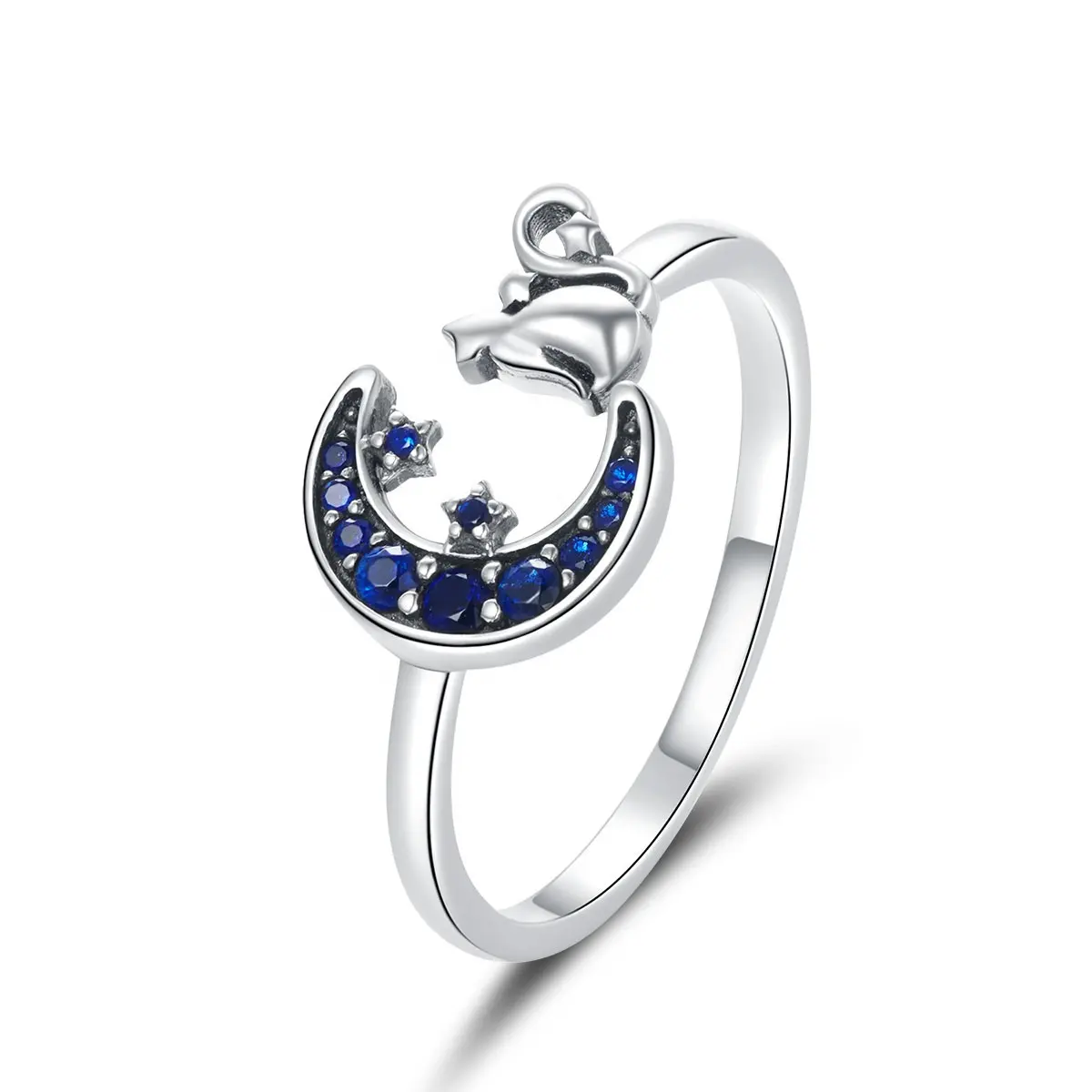 New moon cat S925 sterling silver ring blue crescent opening adjustment wedding rings for women