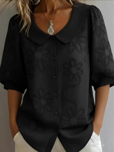 เสื้อเชิ้ตผู้หญิงสไตล์วินเทจสำหรับฤดูร้อน ระบายอากาศได้ดี ปักลายดอกเดซี่ คอทรงโอ แขนปกติ ติดกระดุม ทรงลำลอง - Product Image 4