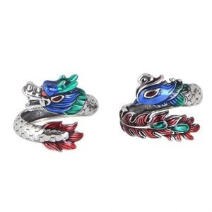 Anillos de Pareja Estilo Chino, Anillo de Esmalte con Dragón y Fénix, Joyería Cloisonné, Anillo de Dragón y Fénix Voladores - Product Image 1